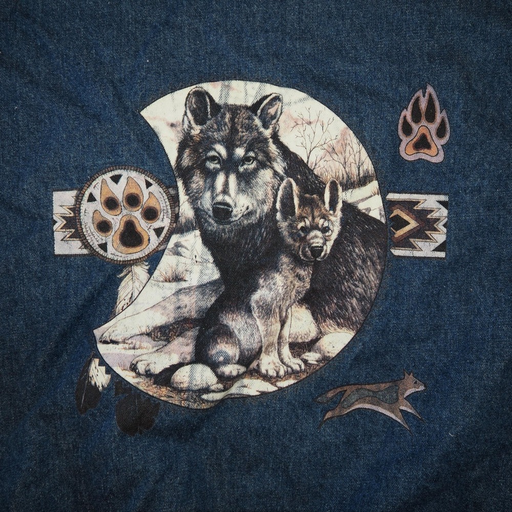 Jon Lauren Vintage 90s Wolf Denim Bomber Jacket Mens 2X Blue Tan Native Style